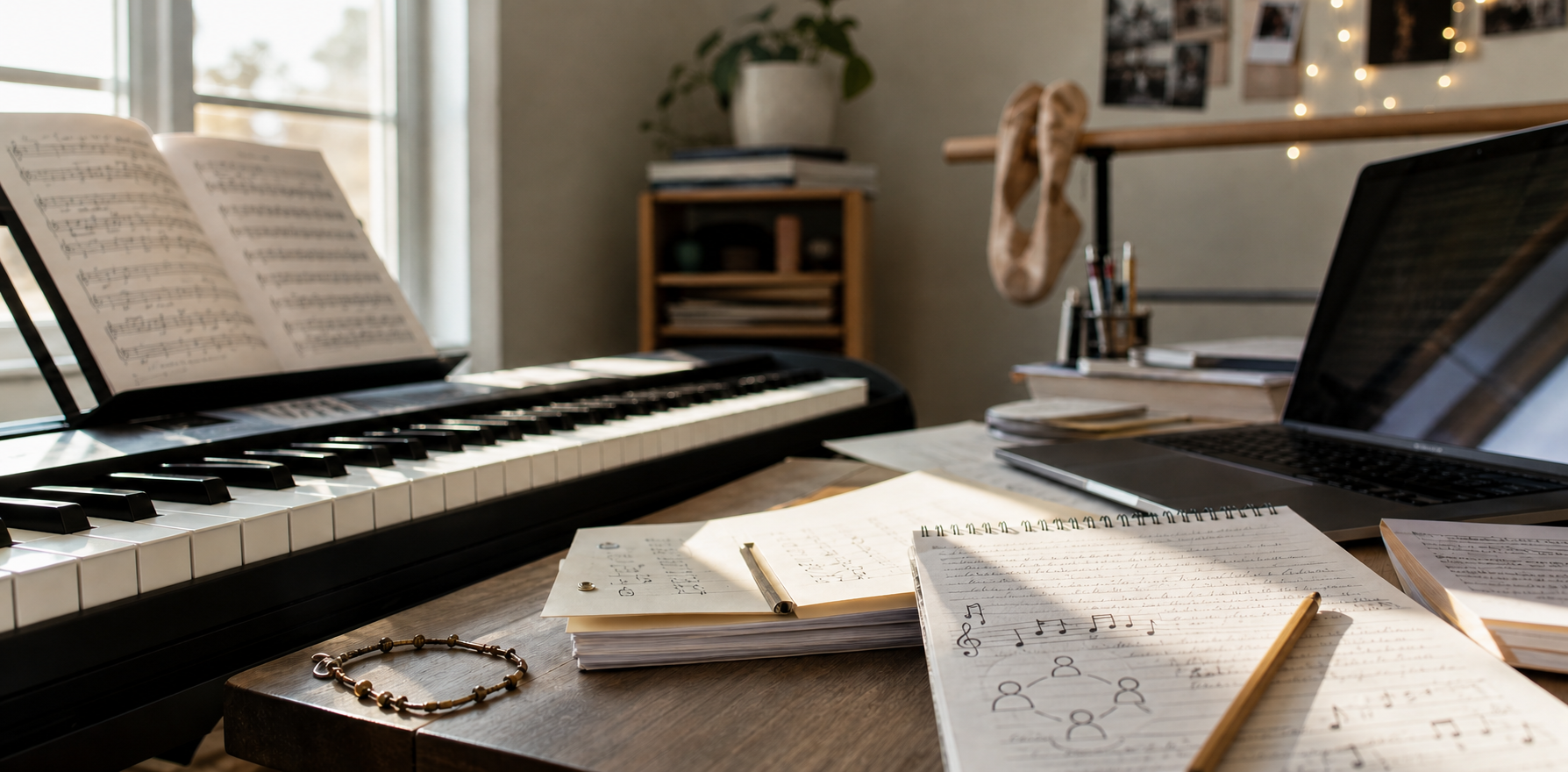 A warm student music and study workspace with a piano keyboard, notebook, laptop, sheet music, handwritten music notes, and a small connection sketch.
